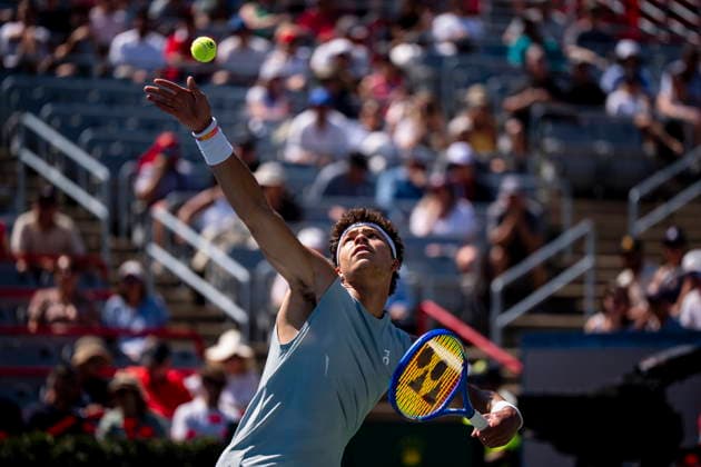 August 5, 2026, Montreal, Pq, Canada: Ben Shelton of USAÃ‚ serves the ball to Jenson Brooksby of USAÃ‚ on day four of the National Bank Open tennis tournament in Montreal on Wednesday, August 5, 2026. Canada News - August 5, 2026  - ZUMAc35_ 20260805_zaf_c35_077 Copyright: xChristopherxKatsarovx