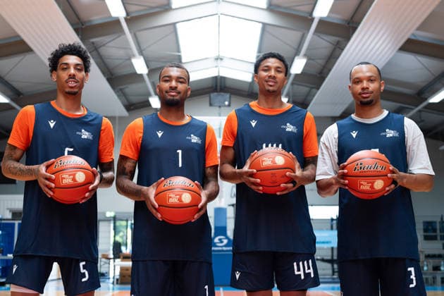 easycredit BBL Basketball Bundesliga 2026–2027 Media Training at Science City Jena on August 6, 2026. The new signings from the U.S., from left: Terrence Edwards Jr., Pierre Brooks II, Ira Lee, Jemarl Baker Jr. Sparkassen Arena