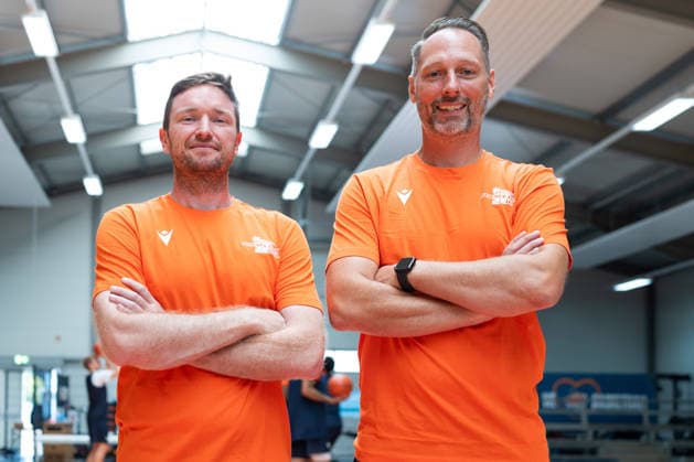 easycredit BBL Basketball Bundesliga 2026–2027 Media Training at Science City Jena on August 6, 2026 The new coaching staff (from left): Assistant Coach Patrick Carney and Head Coach Steven Esterkamp at Sparkassen Arena