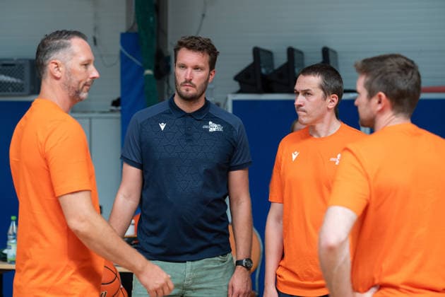 easycredit BBL Basketball Bundesliga 2026–2027 Media Training at Science City Jena on August 6, 2026: Sports decision-makers in discussion (from left): Head Coach Steven Esterkamp, newly appointed Sports Director Stephan Haukohl, Assistant Coach Dominik Günthner, Assistant Coach Patrick Carney, Sparkassen Arena
