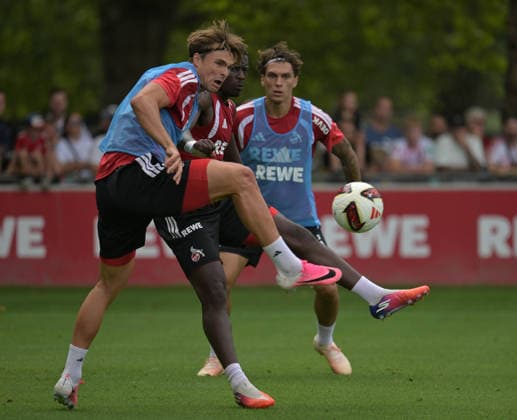 August 6, 2026, xophax, Soccer, Bundesliga 1, 1. FC Köln Training at the Geissbockheim, home of 1. FC Köln. In the front: Fans Joel Schmid (left) and Ragnar Ache (right), both of 1. FC Köln. In the back: Julien Pauli of 1. FC Köln, Cologne.