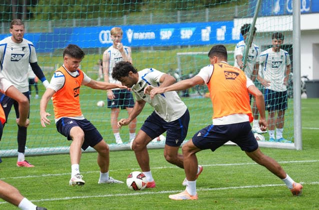 August 6, 2026, Seefeld Stadium, Seefeld, TSG Hoffenheim Training Camp in Seefeld 2026, Albian Hajdari (Hoffenheim), Ozan Kabak (Hoffenheim), Adam Daghim (Hoffenheim). Photo by Hasan Bratic, DeFodi Images