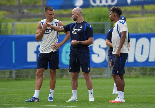 August 6, 2026, Seefeld Stadium, Seefeld, TSG Hoffenheim Training Camp in Seefeld 2026, Tim Lemperle (Hoffenheim), Coach Christian Ilzer (Hoffenheim), Bambase Conte (Hoffenheim). Photo by Hasan Bratic, DeFodi Images