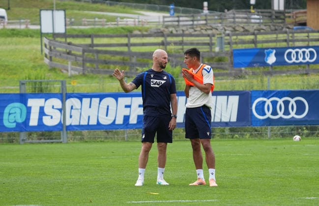 August 6, 2026, Seefeld Stadium, Seefeld, TSG Hoffenheim Training Camp in Seefeld 2026, Coach Christian Ilzer (Hoffenheim), Adam Daghim (Hoffenheim). Photo by Hasan Bratic, DeFodi Images