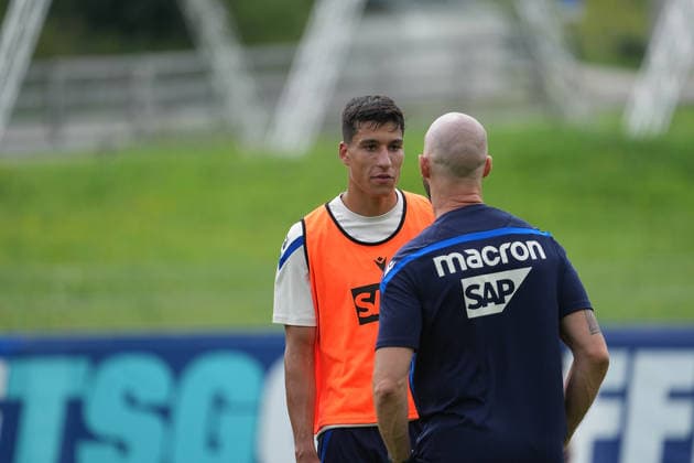 August 6, 2026, Seefeld Stadium, Seefeld, TSG Hoffenheim Training Camp in Seefeld 2026, Adam Daghim (Hoffenheim), Coach Christian Ilzer (Hoffenheim). Photo by Hasan Bratic, DeFodi Images