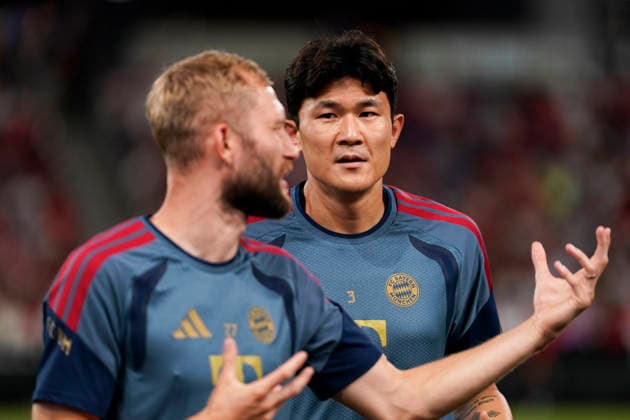 HONGKONG-SOCCER FOOTBALL-FEST Konrad Laimer, Kim Min-Jae of FC Bayern Munich during open training at Kai Tan Stadium during the Audi Football Summit 2026 in Hong Kong, August 6, 2026. NEXPHER Vernon Yuen HONG KONG