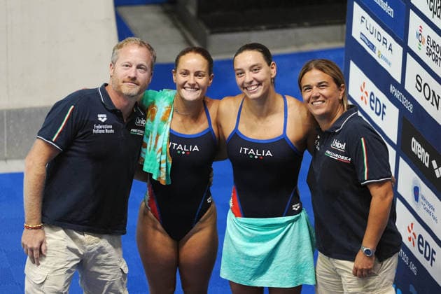 Women s Synchronised 3m Springboard, Chiara PELLACANI, Elisa PIZZINI from Italy, gold medal at the European Aquatics Championships Paris 2026, Paris, August 06, 2026 .  Copyright: xGianxMattiaxD Alberto LaPressex