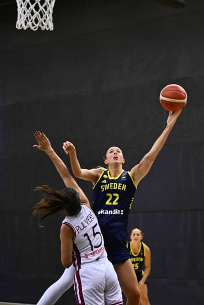 STOCKHOLM, SWEDEN, August 6, 2026: Sweden s Tilda Trygger and Latvia s Aleksa Gulbe during the international exhibition game ahead of the European Basketball Championship between Sweden and Latvia at Fryshuset, STOCKHOLM, SWEDEN x10040x  Copyright: xAndersxWiklund TTx BASKETBALL SWEDEN-LATVIA WOMEN
