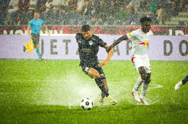 Soccer Austria UEFA Conference League Qualifiers 2026–2027, Round 3, August 6, 2026: FC Red Bull Salzburg (RB), Austria vs. Pafos FC, Cyprus; Red Bull Arena, Wals-Siezenheim, Austria; Edmund Baidoo; FC Red Bull Salzburg with Nikolas Ioannou Copyright: xLukasxBierederx