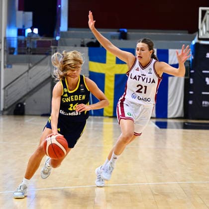 STOCKHOLM, SWEDEN, August 6, 2026: Sweden s Tilda Trygger and Latvia s Aleksa Gulbe during the international exhibition game ahead of the European Basketball Championship between Sweden and Latvia at Fryshuset, STOCKHOLM, SWEDEN x10040x  Copyright: xAndersxWiklund TTx BASKETBALL SWEDEN-LATVIA WOMEN