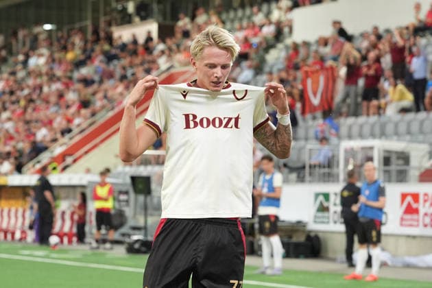 Thun, Switzerland - August 06: Stigur Thordarson (77 Vikingur R.) celebrates after his goal, no goal after VAR during the UEFA Europa League Qualification match between FC Thun and Vikingur Reykjavik at VISANA Stadion on August 06, 2026 in Thun, Switzerland. Copyright: xKjetilxWaberx xSPPx Sportspressphoto_SPR201537