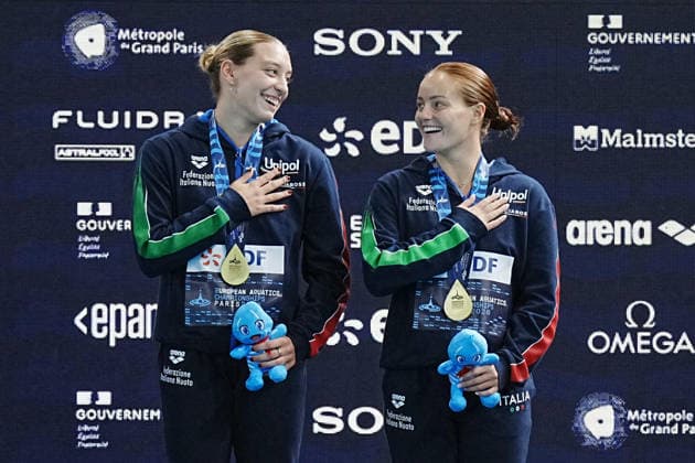 Women s Synchronised 3m Springboard, Chiara PELLACANI, Elisa PIZZINI from Italy, gold medal at the European Aquatics Championships Paris 2026, Paris, August 06, 2026 .  Copyright: xGianxMattiaxD Alberto LaPressex