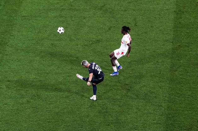 Soccer Austria UEFA Europa League Qualifying 2026–2027, Round 3, August 6, 2026, FC Red Bull Salzburg (Austria) vs. Pafos FC (Cyprus), Red Bull Arena, Wals-Siezenheim, Austria; Vlad Dragomir (Pafos FC), Gaoussou Diakite (FC Salzburg) Copyright: xLUKAxKOLANOVICx