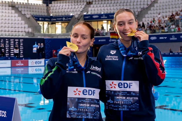 France, Paris, Centre Aquatique Olympique Metropole du Grand Paris, August 6, 2026, European Aquatics Championships – Artistic Swimming, Day 7, Women’s Synchronized 3m Springboard, Chiara Pellicani and Elisa Pizzini of Italy, Photo by Eibner Pressefoto Tino Henschel European Aquatics Championships Artistic Swimming, Day 7, Women’s Synchronized 3m Springboard, Paris Copyright: xEibnerxPressefotox