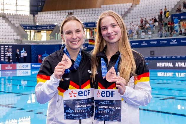 France, Paris, Centre Aquatique Olympique Metropole du Grand Paris, August 6, 2026, European Aquatics Championships – Artistic Swimming, Day 7, Women’s Synchronized 3m Springboard, Lena Hentschel and Jette Mueller of Germany, Photo by Eibner Pressefoto Tino Henschel European Aquatics Championships Artistic Swimming, Day 7, Women’s Synchronized 3m Springboard, Paris Copyright: xEibnerxPressefotox