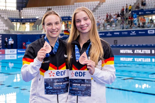 France, Paris, Centre Aquatique Olympique Metropole du Grand Paris, August 6, 2026, European Aquatics Championships – Artistic Swimming, Day 7, Women’s Synchronized 3m Springboard, Lena Hentschel and Jette Mueller of Germany, Photo by Eibner Pressefoto Tino Henschel European Aquatics Championships Artistic Swimming, Day 7, Women’s Synchronized 3m Springboard, Paris Copyright: xEibnerxPressefotox