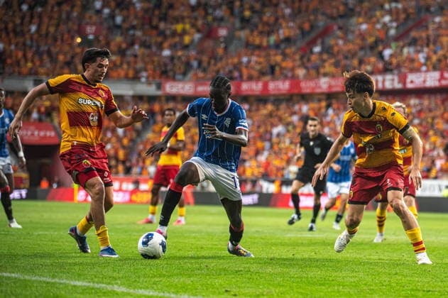 Bialystok 06.08.2026. Football UEFA Europa League match between Jagiellonia Bialystok and Rangers in Bialystok, Poland --- UEFA Europa League mecz Jagiellonia Bialystok - Rangers w Bialymstoku Persons Shown : Guilherme Montoia Mohammed Diomande Yuki Kobayashi Fot. Kai Taller Arena Akcji NEWSPIX.PL --- newspix.pl 