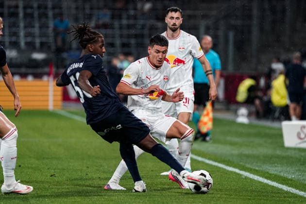 Soccer Austria UEFA Europa League Qualifiers 2026–2027, Round 3, August 6, 2026: FC Red Bull Salzburg (Austria) vs. Pafos FC (Cyprus) at Red Bull Arena, Wals-Siezenheim, Austria; Alexandre Brito (Pafos FC), Damir Redzic (FC Salzburg) Copyright: xLUKAxKOLANOVICx