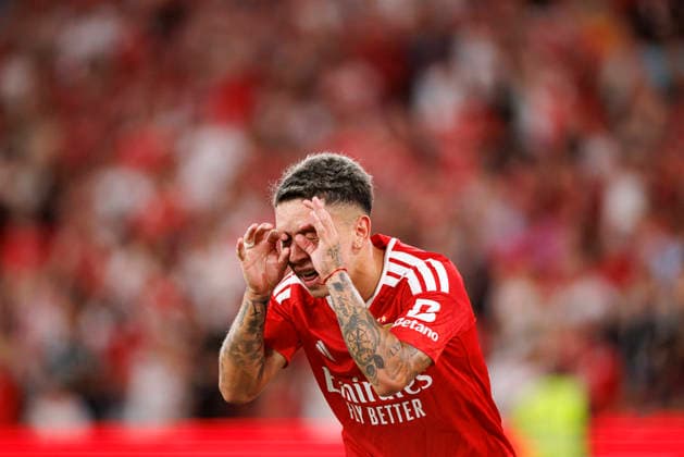 Gianluca Prestianni seen celebrating after scoring goal during UEFA Europa League qualifying game between teams of SL Benfica and Heart of Midlothian FC (Maciej Rogowski Ball Raw Images PT) Lisbon Estadio Da Luz Portugal Copyright: xMaciejxRogowskix maciejrogowski_benfica_hearts_2627-12