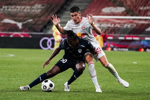 Soccer Austria UEFA Europa League Qualifying 2026–2027, Round 3, August 6, 2026: FC Red Bull Salzburg (Austria) vs. Pafos FC (Cyprus) at Red Bull Arena, Wals-Siezenheim, Austria; Vlad Dragomir (Pafos FC), Damir Redzic (FC Salzburg) Copyright: xLUKAxKOLANOVICx