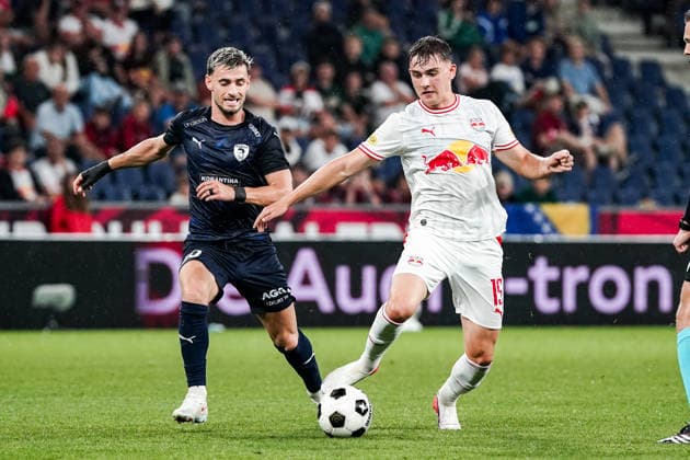 Soccer Austria UEFA Europa League Qualifying 2026–2027, Round 3, August 6, 2026: FC Red Bull Salzburg (Austria) vs. Pafos FC (Cyprus) at Red Bull Arena, Wals-Siezenheim, Austria; Vlad Dragomir (Pafos FC), Bartosz Mazurek (FC Salzburg) Copyright: xLUKAxKOLANOVICx