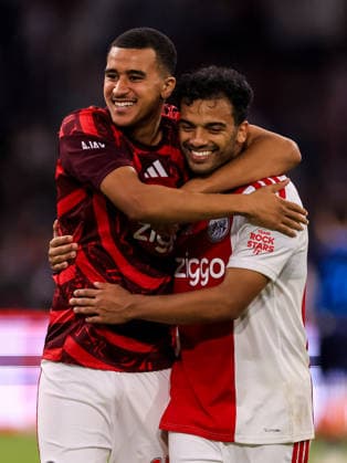 AMSTERDAM, NETHERLANDS - AUGUST 6: Abdellah Ouazane of AFC Ajax and Owen Wijndal of AFC Ajax celebrate their team s win after the UEFA Conference League 2026 27 third qualifying round first leg match between AFC Ajax and Shelbourne FC at the Johan Cruijff Arena on August 6, 2026 in Amsterdam, Netherlands.  Copyright: xRenexNijhuis MBxMediax