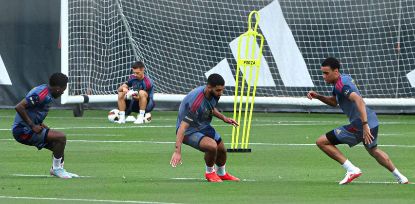 August 6, 2026, FC Bayern Munich Training, Soccer, Sports, Pictured: Alphons Davies (FC Bayern Munich), Ismael Saibari (FC Bayern Munich), and Jamal Musiala (FC Bayern Munich); Bryan Zaragoza (FC Bayern Munich) in the background, heading toward the goal