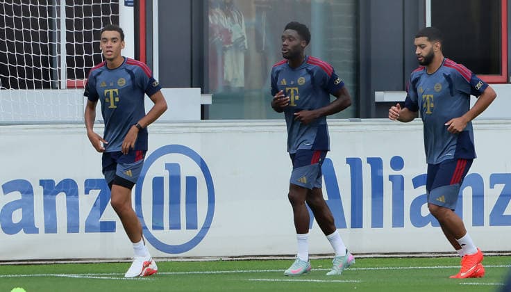 August 6, 2026, FC Bayern Munich Training, Soccer, Sports, Pictured: Jamal Musiala (FC Bayern Munich), Alphons Davies (FC Bayern Munich), and Ismael Saibari (FC Bayern Munich)