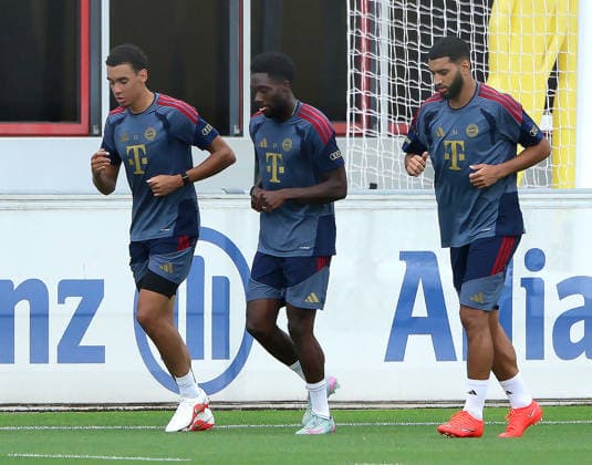 August 6, 2026, FC Bayern Munich Training, Soccer, Sports, Pictured: Jamal Musiala (FC Bayern Munich), Alphons Davies (FC Bayern Munich), and Ismael Saibari (FC Bayern Munich)