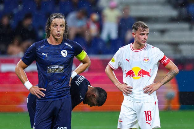SOCCER - UEFA EL, RBS vs Pafos SALZBURG,AUSTRIA,06.AUG.26 - SOCCER - UEFA Europa League, qualification, Red Bull Salzburg vs Pafos FC. Image shows David Luiz (Pafos) and Nikolas Veratschnig (RBS).  GEPAxpictures xDavidxGeieregger