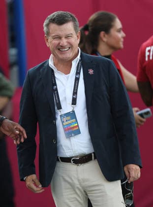 Arizona Cardinals owner Mike Bidwill has a laugh before the Cardinals preseason game against Carolina Panthers in the Pro Football Hall of Fame Game in Canton, Ohio, on Thursday, August 6, 2026.  CAN20260806112 AARONxJOSEFCZYK