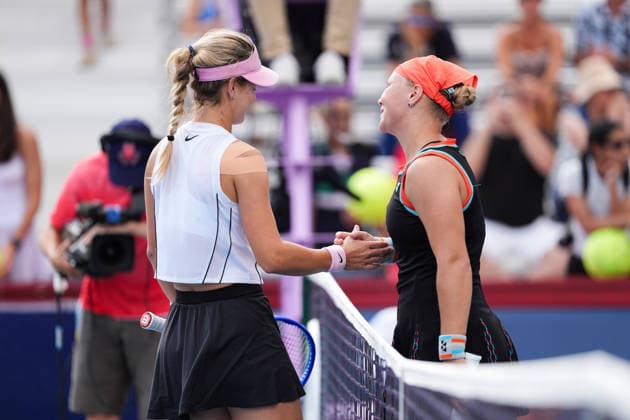 WTA, Tennis Damen Masters 1000 National Bank Open Toronto 2026 - Round of 32 - Day 6 Diana Shnaider of Russia and Anna Kalinskaya of Russia shake hands at the net during the Women™s Singles round of 32 match on day 6 of the WTA Masters 1000 National Bank Open at Sobeys Stadium on August 6, 2026, in Toronto, Canada. (Photo by Leonardo Ramirez Eyepix Group) Copyright: xLeonardoxRamirezx xEyepixxGroupx LR_06082026_08808