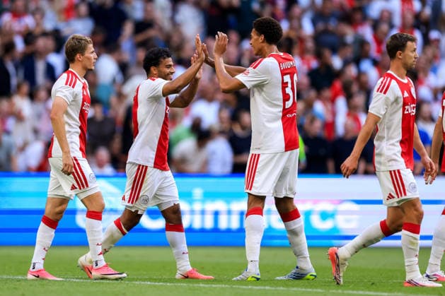 AMSTERDAM, NETHERLANDS - AUGUST 6: Owen Wijndal of AFC Ajax and Aaron Bouwman of AFC Ajax celebrate their team s second goal during the UEFA Conference League 2026 27 third qualifying round first leg match between AFC Ajax and Shelbourne FC at the Johan Cruijff Arena on August 6, 2026 in Amsterdam, Netherlands.  Copyright: xRenexNijhuis MBxMediax