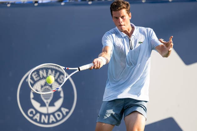MONTREAL, QC - AUGUST 06: Alexander Blockk from Belgium returns the ball against Jiri Lehecka from Czeckia during their singles third round match on day five of the ATP, Tennis Herren 1000 National Bank Open presented by Rogers at Stade IGA on August 6, 2026 in Montreal, Quebec, Canada.(Photo by Vincent Ethier Icon Sportswire)( TENNIS: AUG 06 National Bank Open EDITORIAL USE ONLY Icon2608060661
