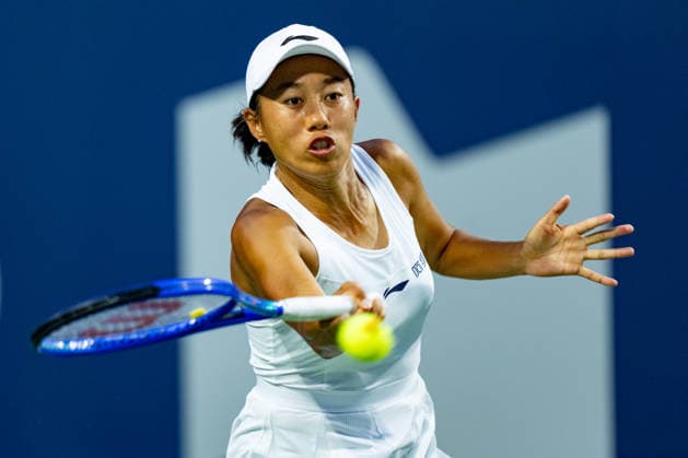 TORONTO, ON - AUGUST 06: Shuai Zhang of China returns a shot during her match at the WTA, Tennis Damen National Bank Open tournament on August 6, 2026 at Sobeys Stadium in Toronto, ON, Canada (Photo by Julian Avram Icon Sportswire) TENNIS: AUG 06 National Bank Open EDITORIAL USE ONLY Icon2608060149