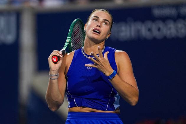 WTA, Tennis Damen Masters 1000 National Bank Open Toronto 2026 - Round of 32 - Day 6 Aryna Sabalenka of Belarusian reacts during the Women™s Singles round of 32 match against Zhang Shuai of China on day 6 of the WTA Masters 1000 National Bank Open at Sobeys Stadium on August 6, 2026, in Toronto, Canada. (Photo by Leonardo Ramirez Eyepix Group) Copyright: xLeonardoxRamirezx xEyepixxGroupx LR_06082026_194376