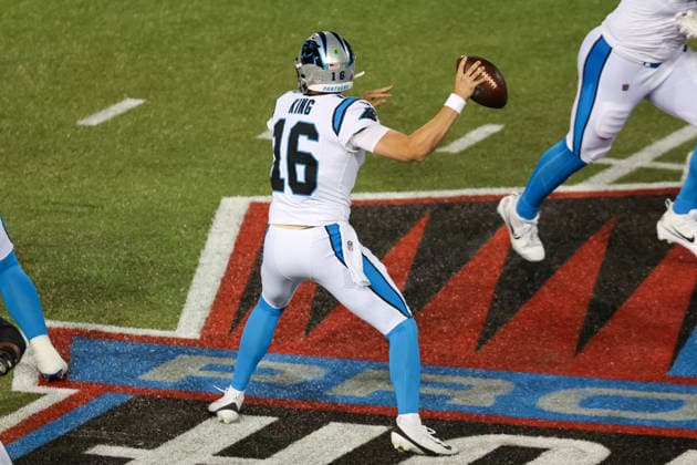 CANTON, OH - AUGUST 06: Carolina Panthers quarterback Haynes King (16) throws a pass during the second quarter of the National Football League preseason game between the Carolina Panthers and Arizona Cardinals on August 6, 2026, at the Tom Benson Hall of Fame Stadium in Canton, OH. (Photo by Frank Jansky Icon Sportswire) NFL, American Football Herren, USA AUG 06 Hall of Fame Game - Panthers vs Cardinals EDITORIAL USE ONLY Icon26080603