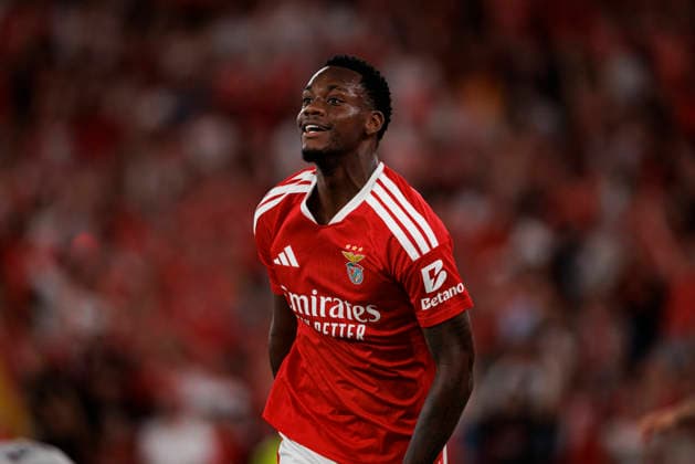 Jhon Duran seen celebrating after scoring goal during UEFA Europa League qualifying game between teams of SL Benfica and Heart of Midlothian FC (Maciej Rogowski Ball Raw Images PT) Lisbon Estadio Da Luz Portugal Copyright: xMaciejxRogowskix maciejrogowski_slbenfica_hearts_2627_5-295