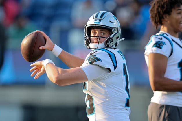CANTON, OH - AUGUST 06: Carolina Panthers quarterback Haynes King (16) throws a pass prior to the National Football League preseason game between the Carolina Panthers and Arizona Cardinals on August 6, 2026, at the Tom Benson Hall of Fame Stadium in Canton, OH. (Photo by Frank Jansky Icon Sportswire) NFL, American Football Herren, USA AUG 06 Hall of Fame Game - Panthers vs Cardinals EDITORIAL USE ONLY Icon26080617