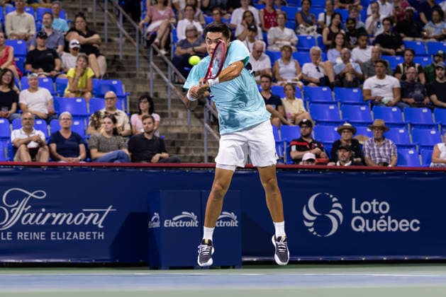 August 6, 2026, Montreal, Quebec, Canada: BRANDON NAKASHIMA (28) from USA backhand in match against Titouan Droguet from France in third round at Canadian Open at IGA stadium in Montreal, Quebec, Canada on 2026-08-06 Montreal Canada - ZUMAl189 20260806_zsp_l189_154 Copyright: xYannickxLegarex