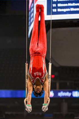 Gymnastics: Gymnastics: Xfinity US Gymnastics Championships Andres Aranda of HGA competes on still rings exercise in the junior division of the Xfinity USA Gymnastics Championship at the Mortgage Matchup Center in Phoenix, Arizona, Thursday, August 6, 2026. (Thomas Fernandez Image of . Phoenix Arizona United States EDITORIAL USE ONLY Copyright: xx ThomasxFernandezx iosphotos417377