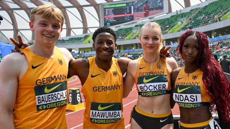 World Athletics U20 Championships Oregon 2026 EUGENE, UNITED STATES OF AMERICA AUGUST 6, 2026 Jakob Bauerschlag, Alvin Mawumba, Anne Böcker, Daryl Ndasi (GER) during the World Athletics U20 Championships Oregon 2026 at Hayward Field on August 6, 2026, in Eugene, United States of America Copyright: xBEAUTIFULxSPORTS DecaxText&Bildx