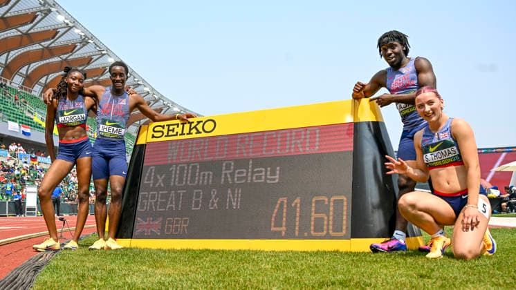 World Athletics U20 Championships, Oregon 2026, EUGENE, UNITED STATES OF AMERICA AUGUST 6, 2026 Great Britain’s 4x100m world record-holding team competing during the World Athletics U20 Championships Oregon 2026 at Hayward Field on August 6, 2026, in Eugene, United States of America Copyright: xBEAUTIFULxSPORTS DecaxText&Bildx