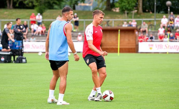 August 7, 2026, Germany, Grassau, Bundesliga, 2026–2027 season, VfB Stuttgart training camp, from left: Badredine Bouanani, Grischa Prömel