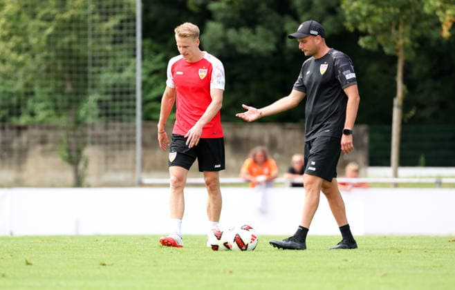 August 7, 2026, Germany, Grassau, Bundesliga, 2026–2027 season, VfB Stuttgart training camp, from left: Chris Führich, Nathaniel Weiss