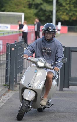 August 7, 2026, xophax, Soccer, Bundesliga 1, 1. FC Köln Training on Field 1 at Geissbockheim; the pros train ahead of the evening match against Real San Sebastian; Joel Schmied of 1. FC Köln rides his Vespa scooter to training in Kitzbühel