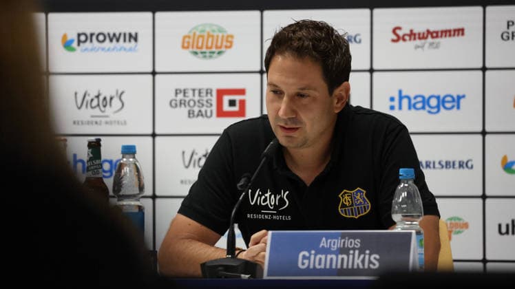 August 7, 2026, xrekx, Soccer 3rd Division, 1 FC Saarbrücken press conference with sporting director Markus Thiele (left) and Argirios Giannikis, coach of 1 FC Saarbrücken. DFL and DFB regulations prohibit any use of photographs as image sequences and or quasi-video. Saarbrücken