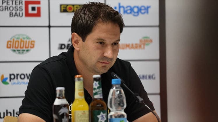 August 7, 2026, xrekx, Soccer 3rd Division, 1 FC Saarbrücken press conference with sporting director Markus Thiele (left) and Argirios Giannikis, coach of 1 FC Saarbrücken. DFL and DFB regulations prohibit any use of photographs as image sequences and or quasi-video. Saarbrücken