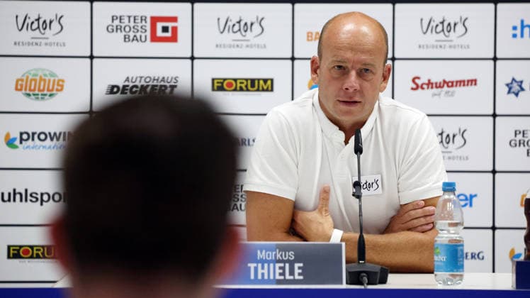 August 7, 2026, xrekx, Soccer 3rd Division, 1 FC Saarbrücken Press Conference with Sporting Director Markus Thiele (from left) Markus Thiele, Sporting Director of 1 FC Saarbrücken. DFL and DFB regulations prohibit any use of photographs as image sequences and or quasi-video. Saarbrücken