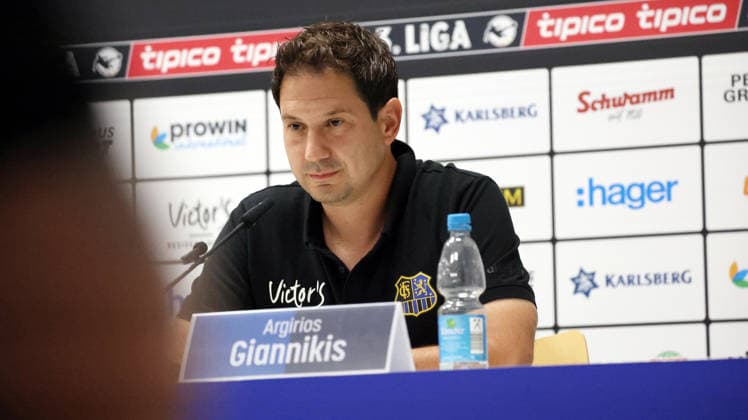 August 7, 2026, xrekx, Soccer 3rd Division, 1 FC Saarbrücken press conference with sporting director Markus Thiele (left) and Argirios Giannikis, coach of 1 FC Saarbrücken. DFL and DFB regulations prohibit any use of photographs as image sequences and or quasi-video. Saarbrücken